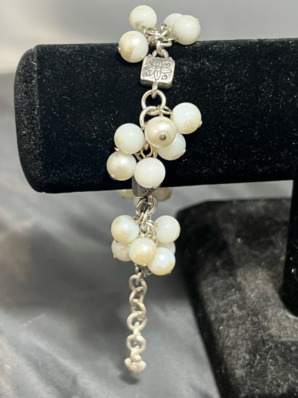Brighton Faux Pearl Cluster Silver Tone Bracelet 8.75” Long